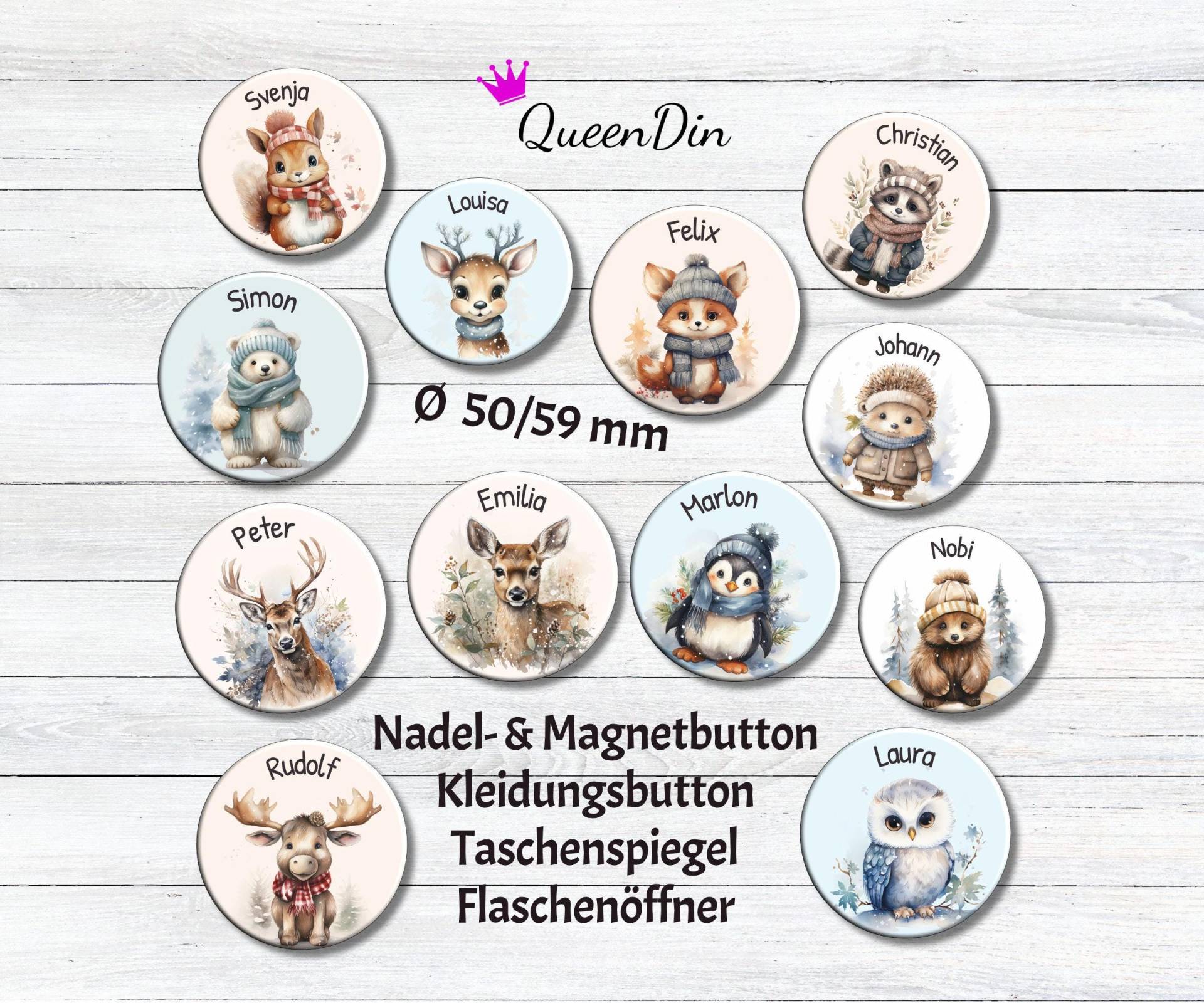 Button "Wintertiere" Ø50/59 Mm Mit Wunschname | Magnet Kleidungsbutton Taschenspiegel Flaschenöffner von QueenDin