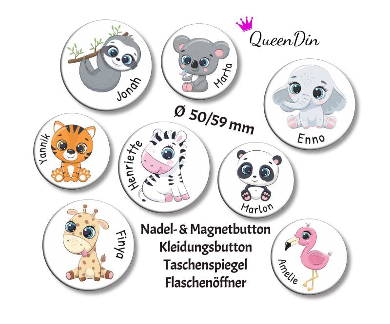 Button "Zootiere" Ø50/59 Mm Mit Wunschname | Nadelanstecker Magnet Kleidungsbutton Taschenspiegel Flaschenöffner von QueenDin