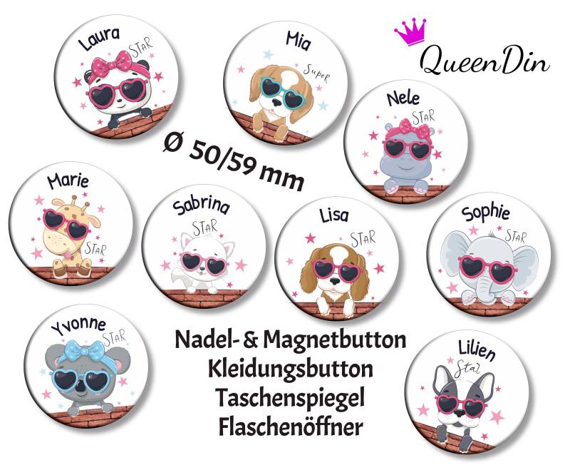 Button "star" Ø50/59 Mm Mit Wunschname | Magnet Kleidungsbutton Taschenspiegel Flaschenöffner von QueenDin