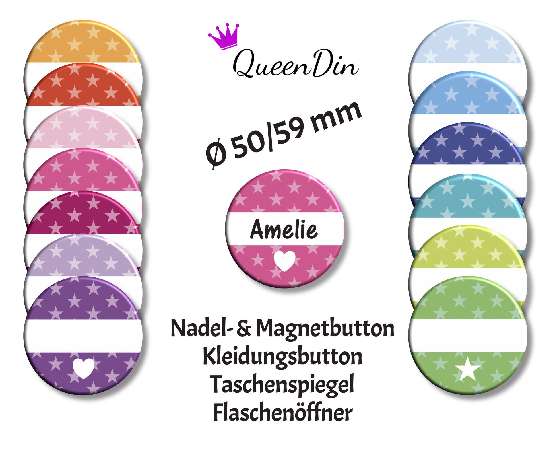 Button "sterne" Ø50/59 Mm Mit Wunschname | Ansteckbutton Magnet Kleidungsbutton Taschenspiegel Flaschenöffner von QueenDin
