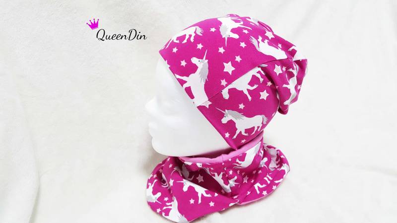 Einhorn Wende Beanie Mütze Halssocke Set Ku44-48cm von QueenDin