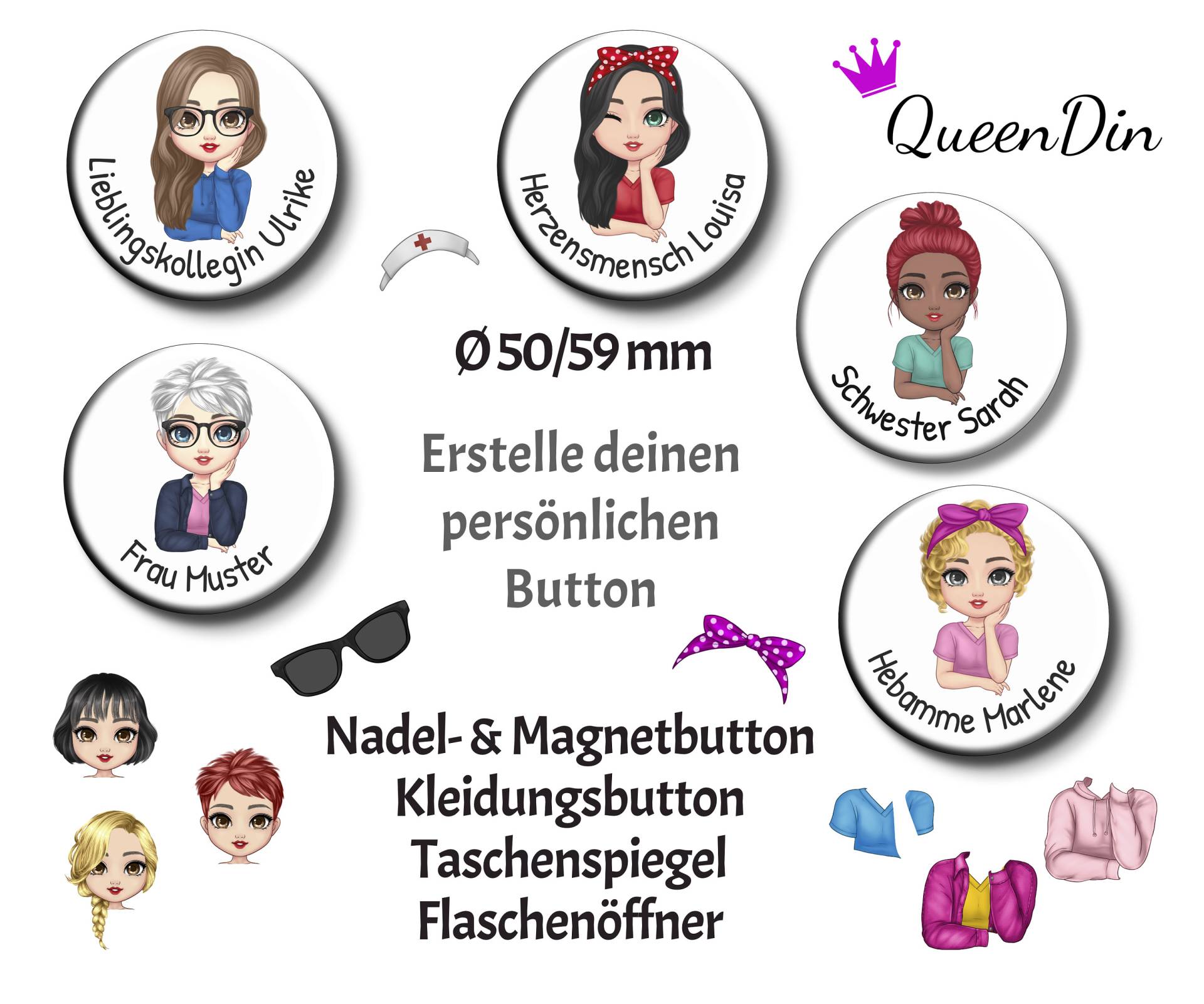 Persönlicher Button "Portrait" Ø50/59 Mm Mit Wunschname, Ganz Individuell Nach Wünschen | Magnet Kleidungsbutton Taschenspiegel von QueenDin