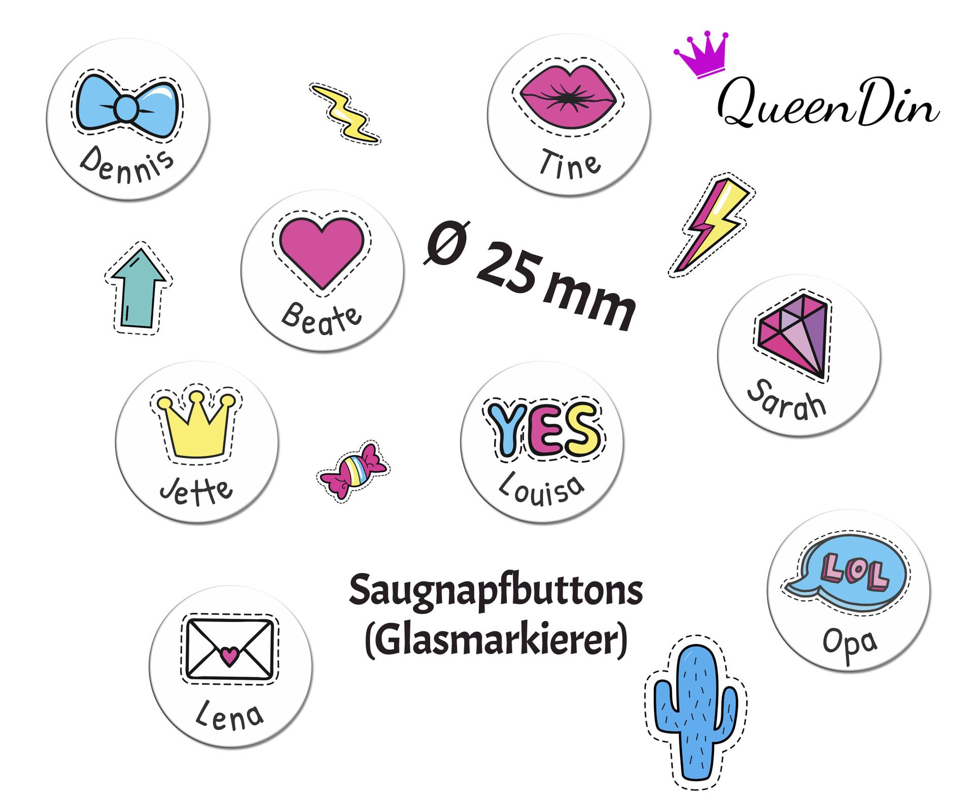 Saugnapfbuttons "Kunterbuntes" Ø 25mm Mit Wunschname | Glasmarkierer Tassenmarkierer Flaschenmarkierer von QueenDin