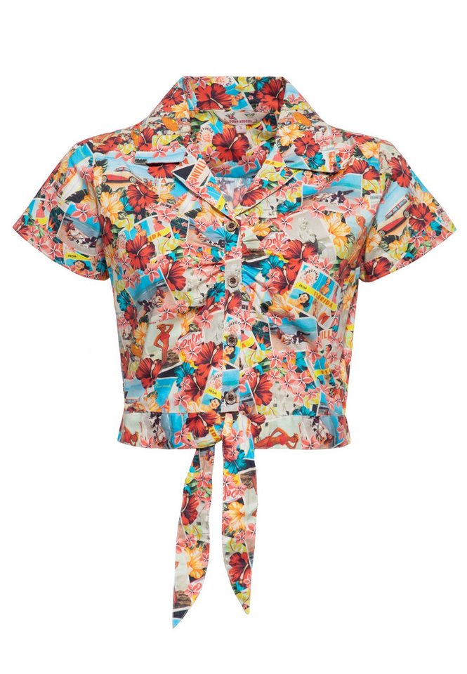 QueenKerosin Kurzarmbluse Beaches mit Bindeband am Saum von QueenKerosin