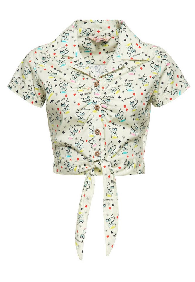 QueenKerosin Kurzarmbluse Retro Cats mit Bindeband am Saum von QueenKerosin