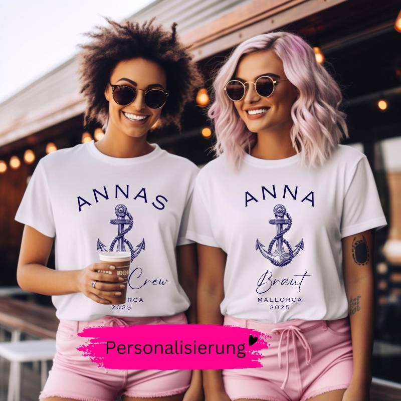 Jga T-Shirt Personalisiert Wunsch Ort Datum, Name Braut Crew, Anker Maritim, Junggesellenabschied Frau Geschenk Freundin Party Shirt Damen von QueenOfMyOwnEmpire
