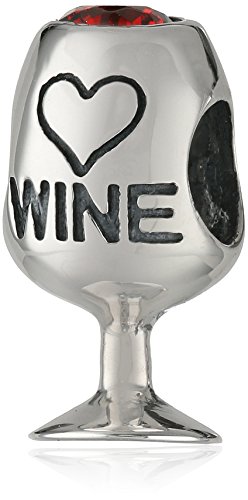 Perle für europäische Charm-Armbänder, in Weinglas-Form mit Herz, Zirkonia-Kristall, aus 925er Sterlingsilber, für Rotweinliebhaber von Queenberry