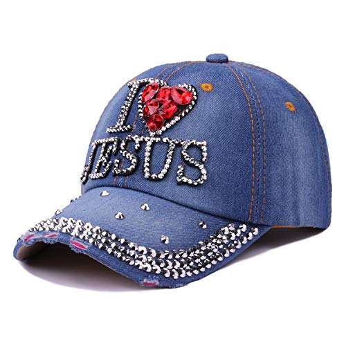 Queenbox Baseballmütze mit Aufschrift "I Love Jesus", mit Strass verwaschener Cowboyhut, verstellbare Bling-Kappe, religiöse Mütze von Queenbox
