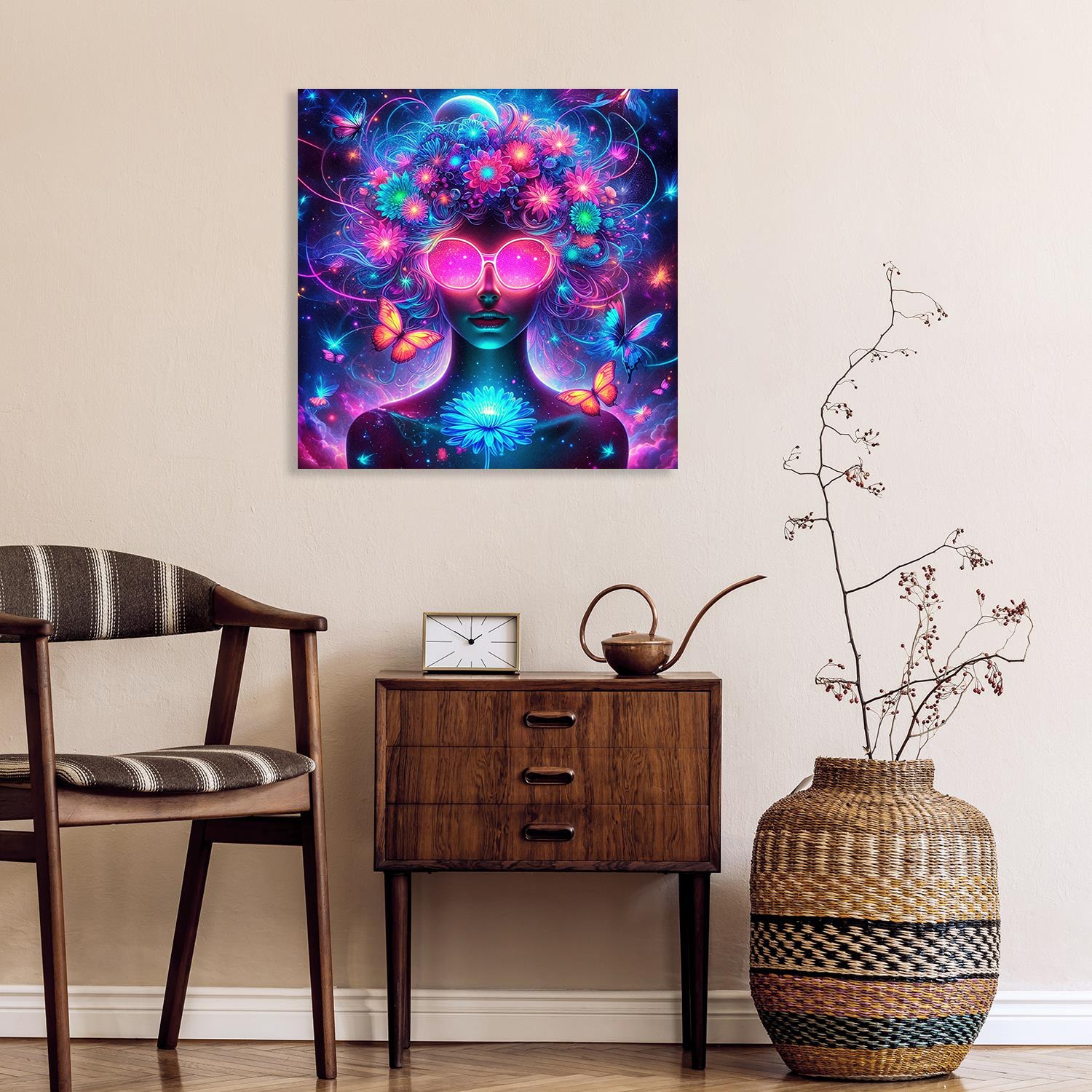 queence Acrylglasbild "Kosmische Blüte" Bilder von Frauen  Fantasy  Frau  Gemälde  Kunst  Sterne 1 Stk. tlg. Knallige, tolle Farben auf hochwertigem Acrylglas gedruckt von Queence