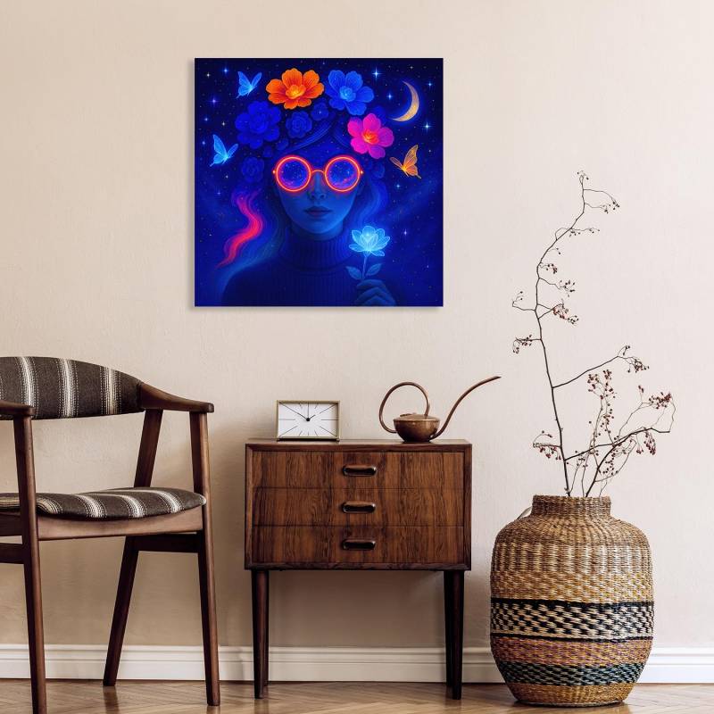 queence Acrylglasbild "Sternenblume" Bilder von Frauen  Fantasy  Frau  Gemälde  Kunst  Sterne 1 Stk. tlg. Knallige, tolle Farben auf hochwertigem Acrylglas gedruckt von Queence