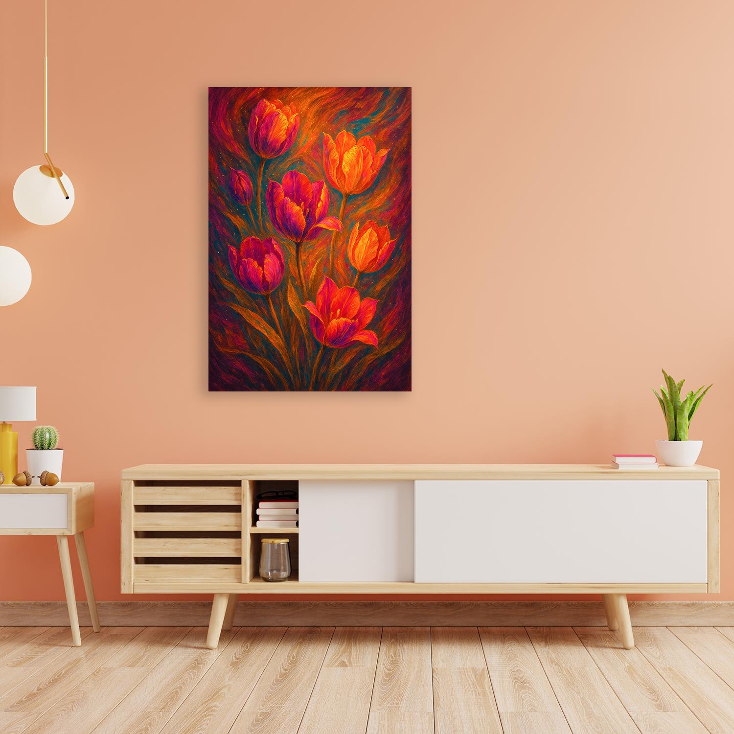 queence Acrylglasbild "Tulpenfeuer" Blumen  Blumenbilder  Blumenwiese  Blätter  Blätterbilder  Fantasy  Garten  Gartenbilder  Gemälde  Gänseblümchen  Kunst 1 Stk. tlg. Knallige, tolle Farben auf hochwertigem Acrylglas gedruckt von Queence