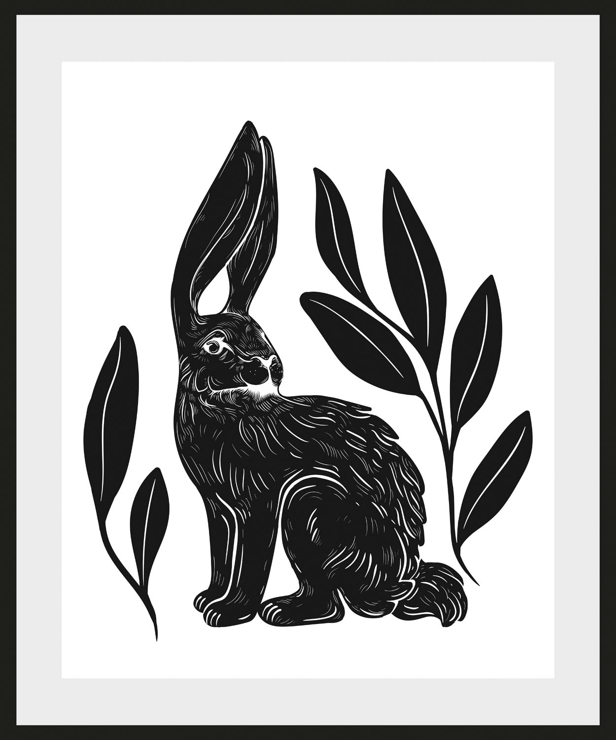 queence Bild "Aino", Hase-Hasen-Schwarz-Weiß-Kunst-Haustiere, (1 St.), HD Premium Poster-Druck inkl. Holzrahmen von Queence