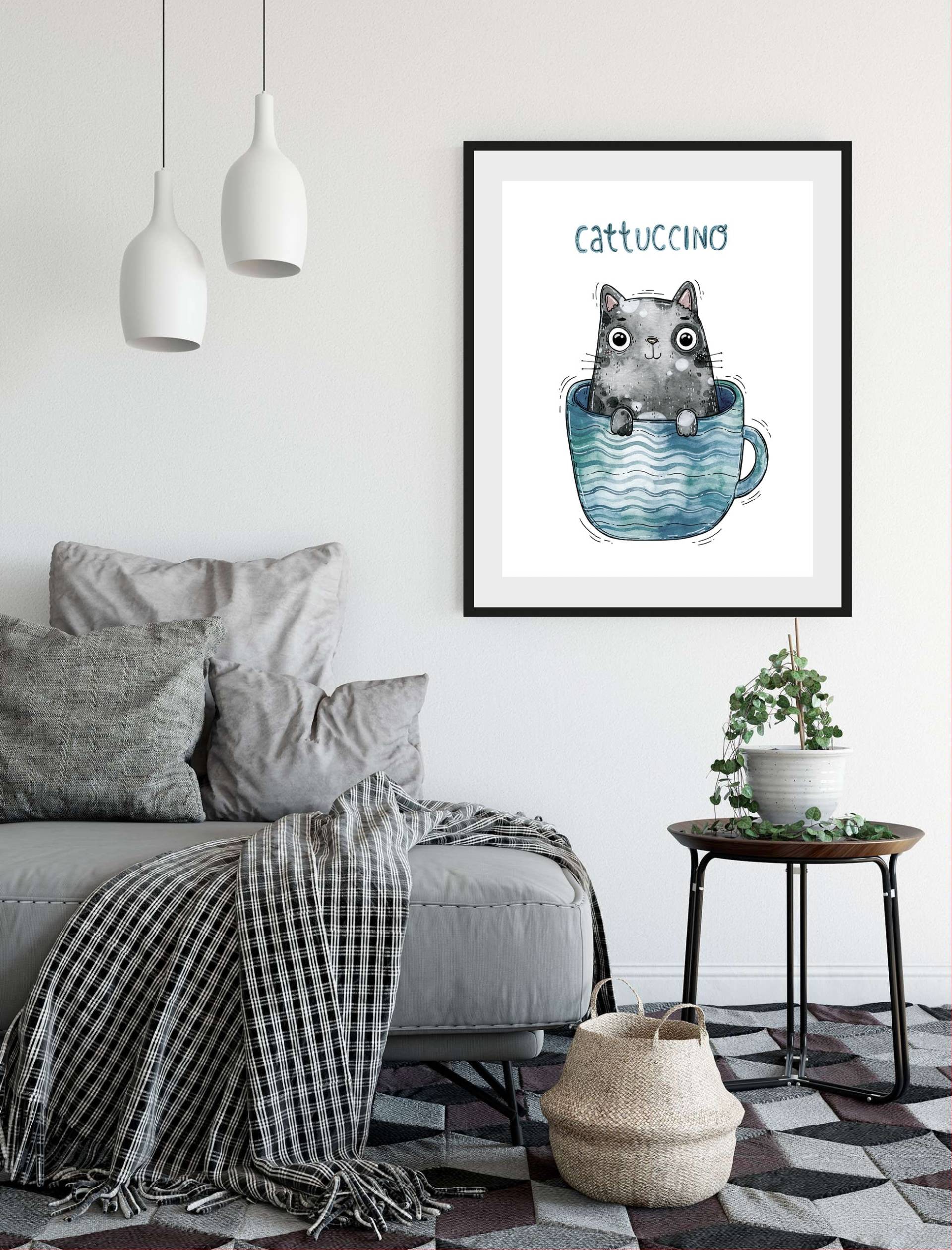 queence Bild "Cattucino", Katze-Humor-Schriftzug-Kaffee-Kaffee Bilder, (1 St.), HD Premium Poster-Druck inkl. Holzrahmen von Queence