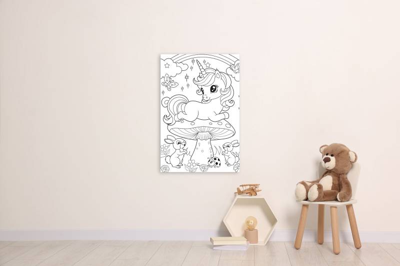 queence Bild "Einhorn auf Fliegenpilz" Blätter  Blätterbilder  Einhorn  Figuren  Mädchen  Märchen  Märchenbilder  Regenbogen  Schmetterlinge  klassische Fantasie 1 Stk. tlg. DIY Wandbild aus Dibond von Queence