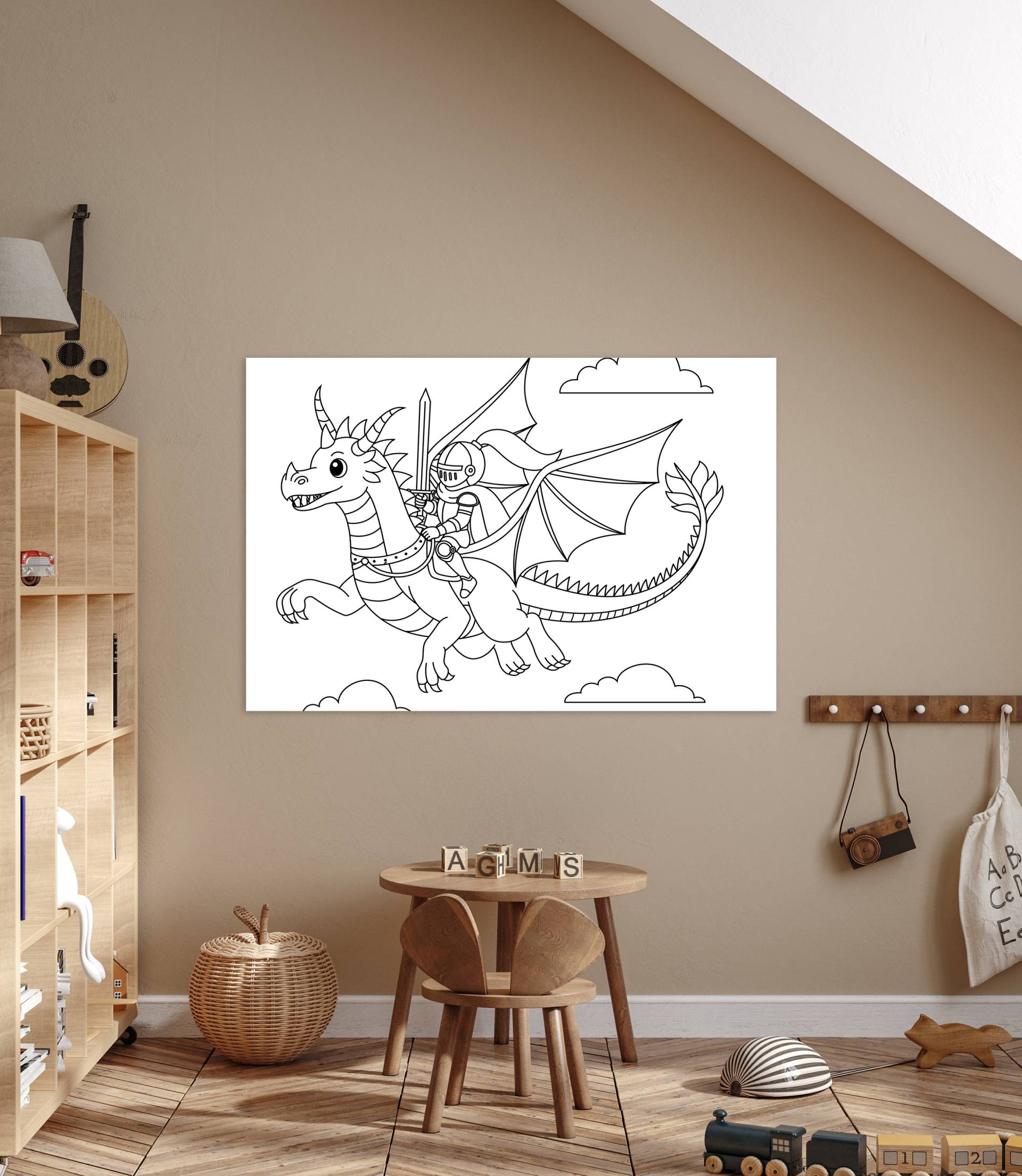queence Bild "Fliegender Drache & Ritter" Drachen  Figuren  Mädchen  Märchen  Märchenbilder  Reitbilder  Ritter  klassische Fantasie 1 Stk. tlg. DIY Wandbild aus Dibond von Queence