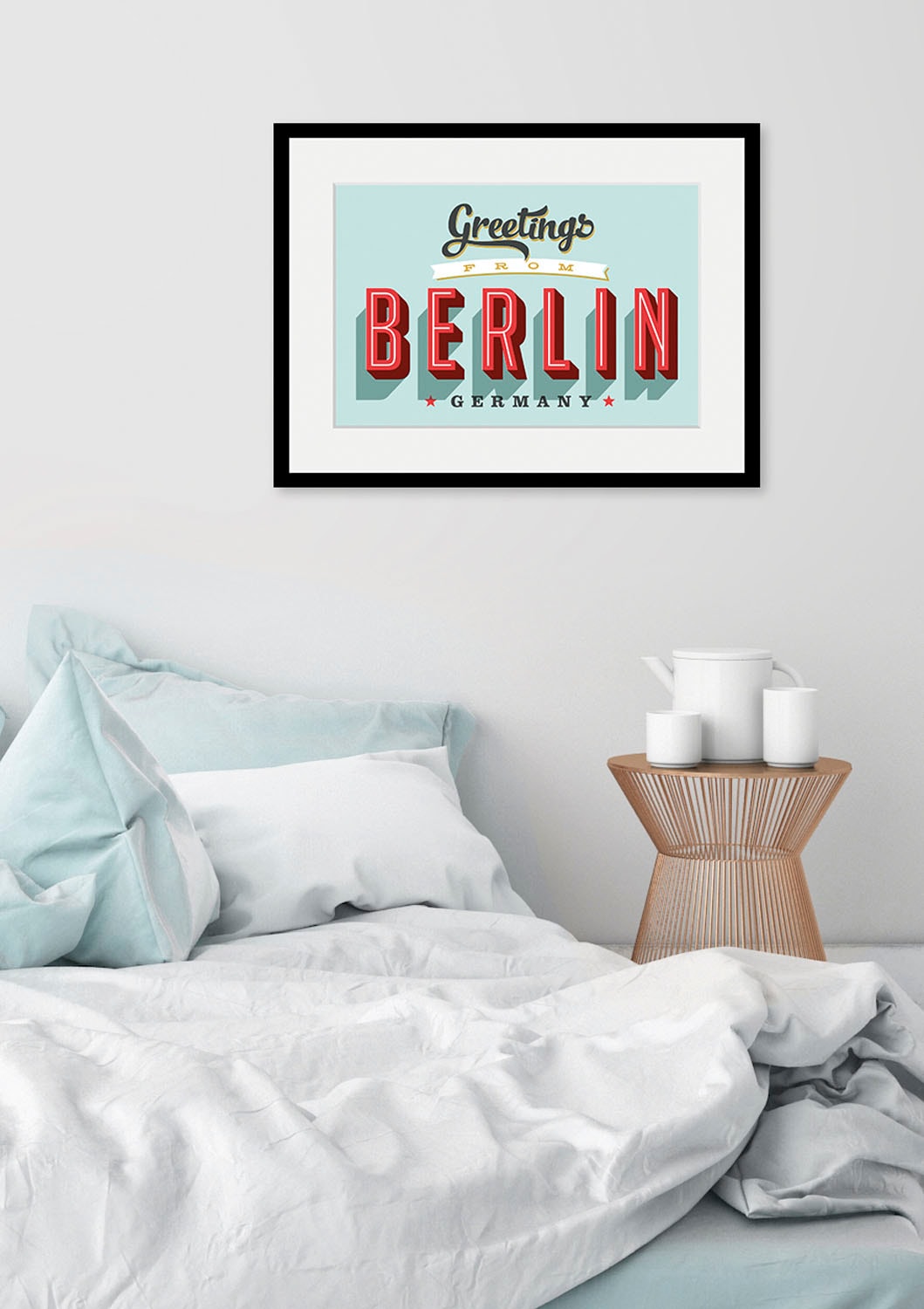 queence Bild "Greetings from Berlin", Städte-Schriftzug-Deutschland-Stadt-Berlin, (1 St.), HD Premium Poster-Druck inkl. Holzrahmen von Queence