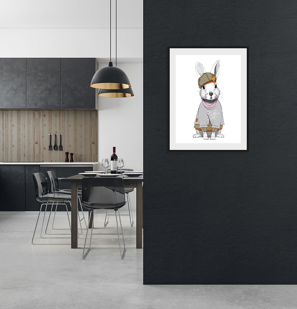 queence Bild "Leevi", Hase-Hasen-Kunst-Haustiere, (1 St.), HD Premium Poster-Druck inkl. Holzrahmen von Queence
