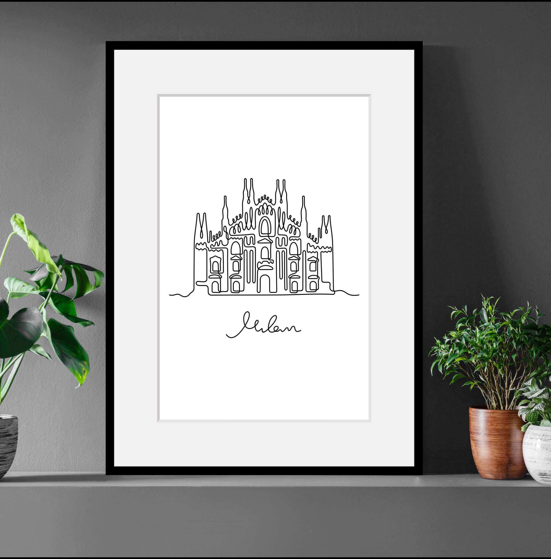 queence Bild "Milan", Gebäude-Kunst-Schwarz-Weiß-Italien, (1 St.), HD Premium Poster-Druck inkl. Holzrahmen von Queence
