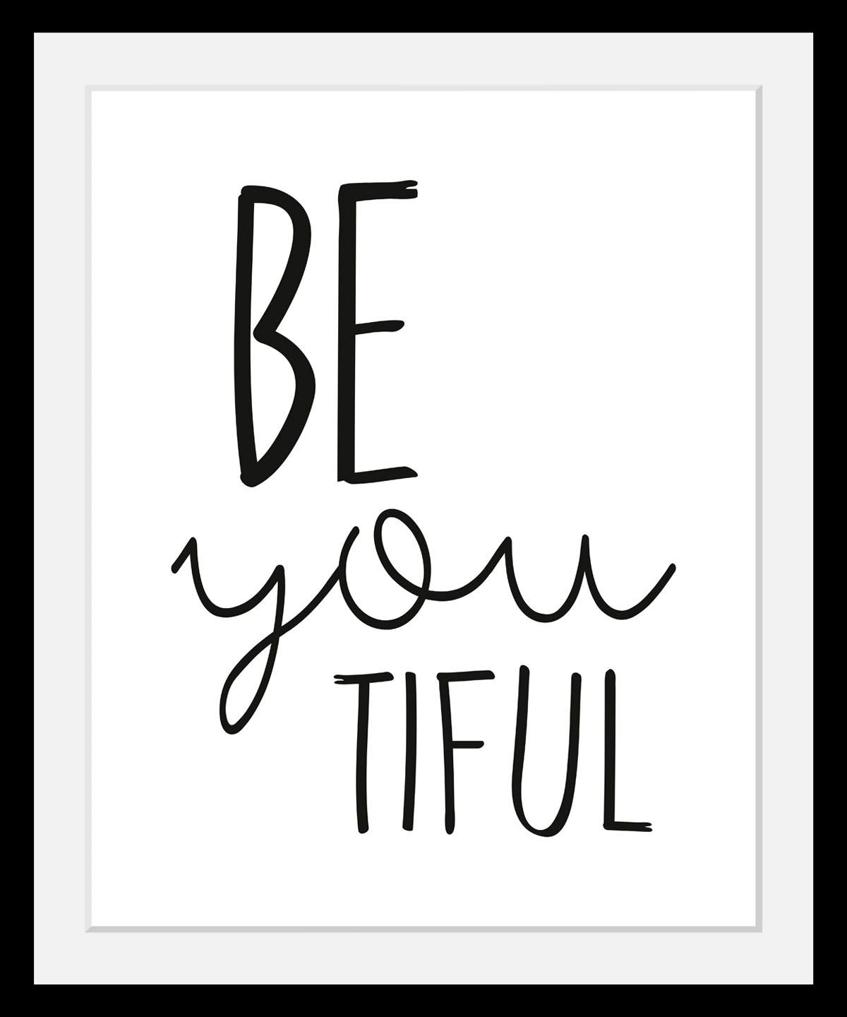 queence Bild "Spruch", Schwarz-Weiß-Schriftzug-Motivationsbilder-Smileys, HD Premium Poster-Druck inkl. Holzrahmen von Queence