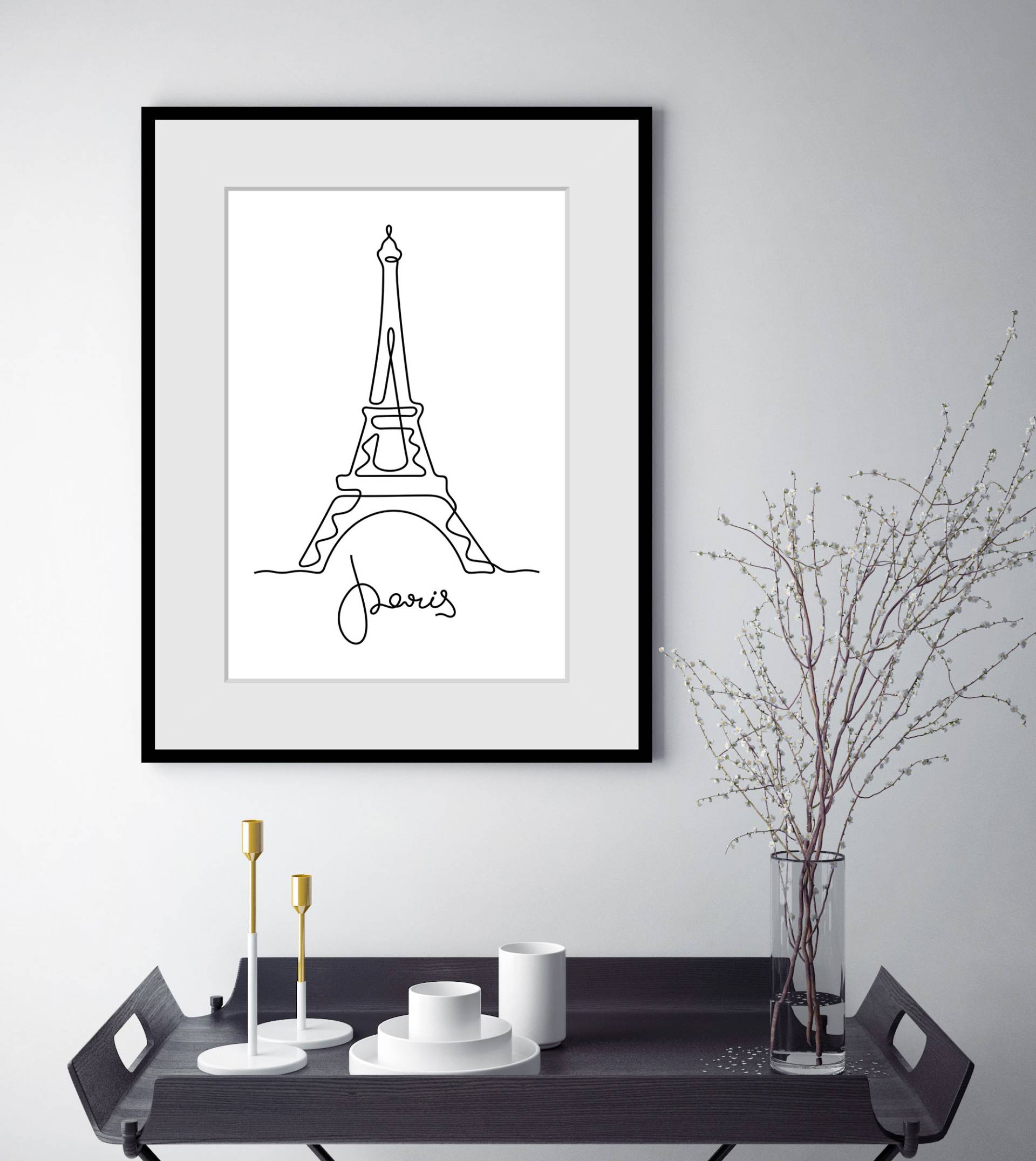 queence Bild "Stadt der Liebe", Paris-Frankreich-Gebäude-Kunst-Schriftzug-Schwarz-Weiß, (1 St.), HD Premium Poster-Druck inkl. Holzrahmen von Queence