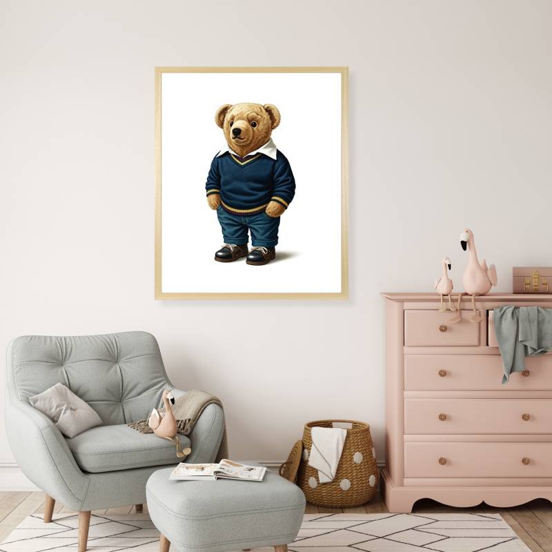 queence Bild mit Rahmen "Vintage Polo Teddy Bär in Pullover und Hemd" Bär  Bären  Fashion  Figuren  Mode  Modebilder HD Premium Poster-Druck inkl. Echtholzrahmen in beige von Queence