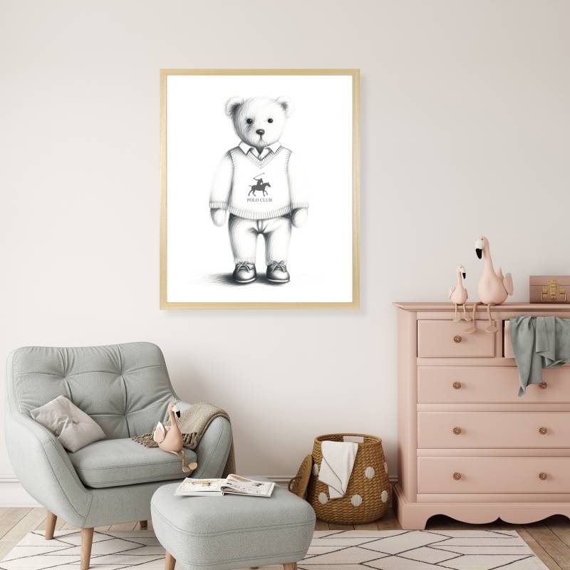 queence Bild mit Rahmen "Vintage Polo Teddy Bär in Pullunder" Bär  Bären  Fashion  Figuren  Mode  Modebilder HD Premium Poster-Druck inkl. Echtholzrahmen in beige von Queence