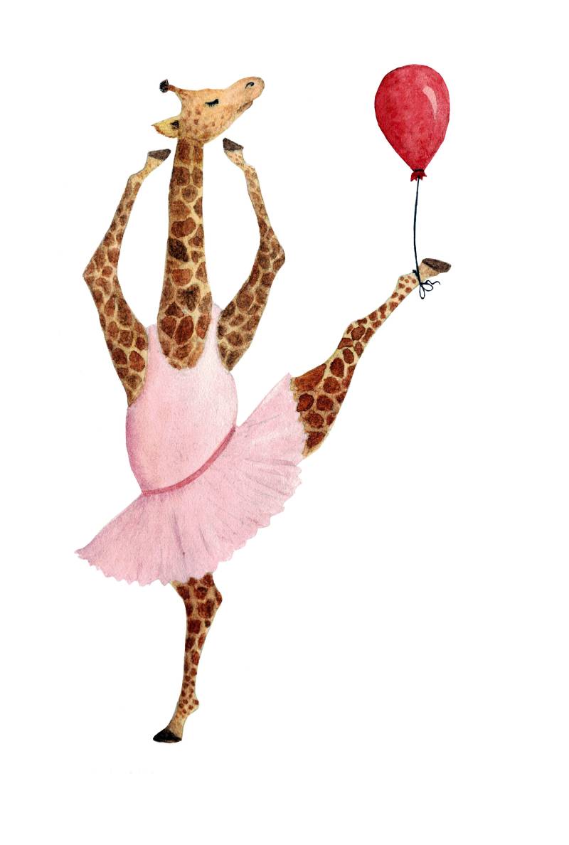 queence Leinwandbild "Ballerina Giraffe" Giraffe  Giraffen  Giraffen Bilder  Luftballon  Tanz Premium-Leinwandstoff, Handarbeit aus Deutschland, Kindermotiv von Queence