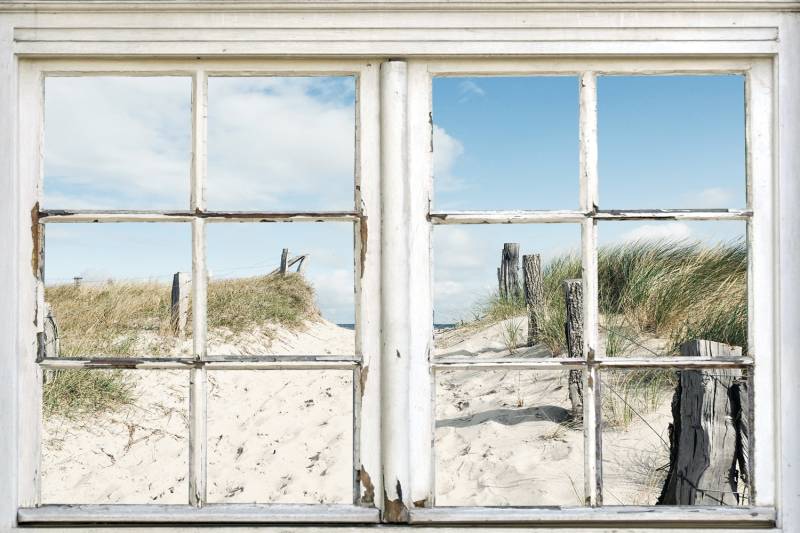 queence Leinwandbild "Norderney" Düne  Fenster & Türen  Fensterblick  Gräser  Meer  Meer Bilder  Natur 1 Stk. tlg. Premium-Leinwandstoff von Queence