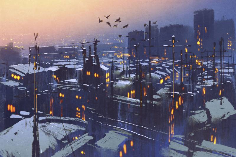 queence Leinwandbild "Stadt bei Nacht" Gebäude  Kunst  Modern  Sonnenaufgang  Sonnenuntergang  Spa  Spa Bilder  Vogelbilder  Vögel Premium-Leinwandstoff, Handarbeit aus Deutschland von Queence