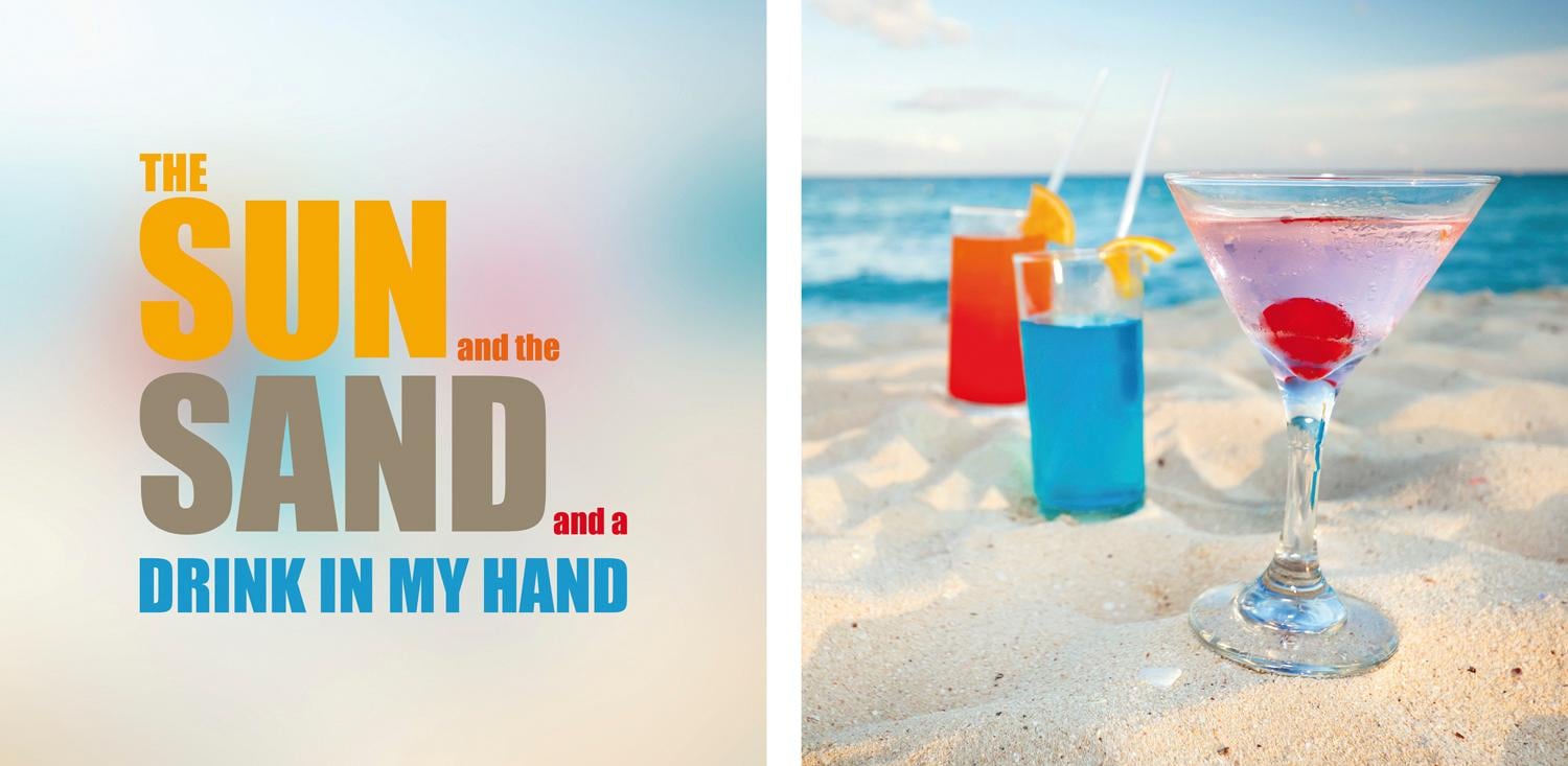 queence Leinwandbild "Sun & Sand", Getränke-Strand-Strandbilder-Meer-Meer Bilder-Kunst-Modern-Spa-Spa Bilder-Sprüche-Sprüche & Texte-Schriftzug-Schriftzüge, (Set), Premium-Leinwandstoff, Handarbeit aus Deutschland, Spruch, 2er Set von Queence
