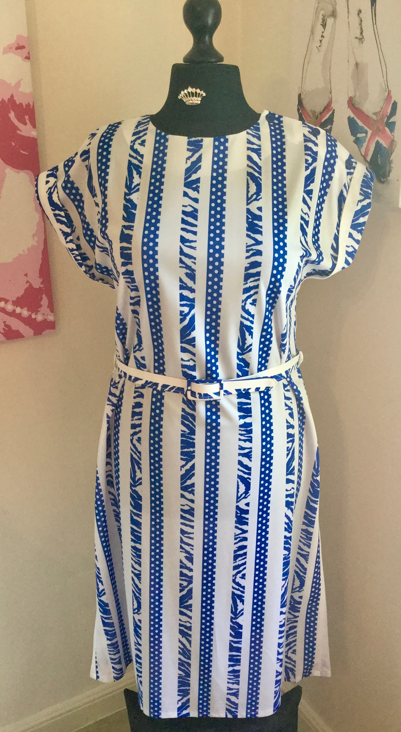 Vintage 1980 Es Blue & White Spotted Animal Print Striped Pattern Size Uk16 von QueeniesVintageStore