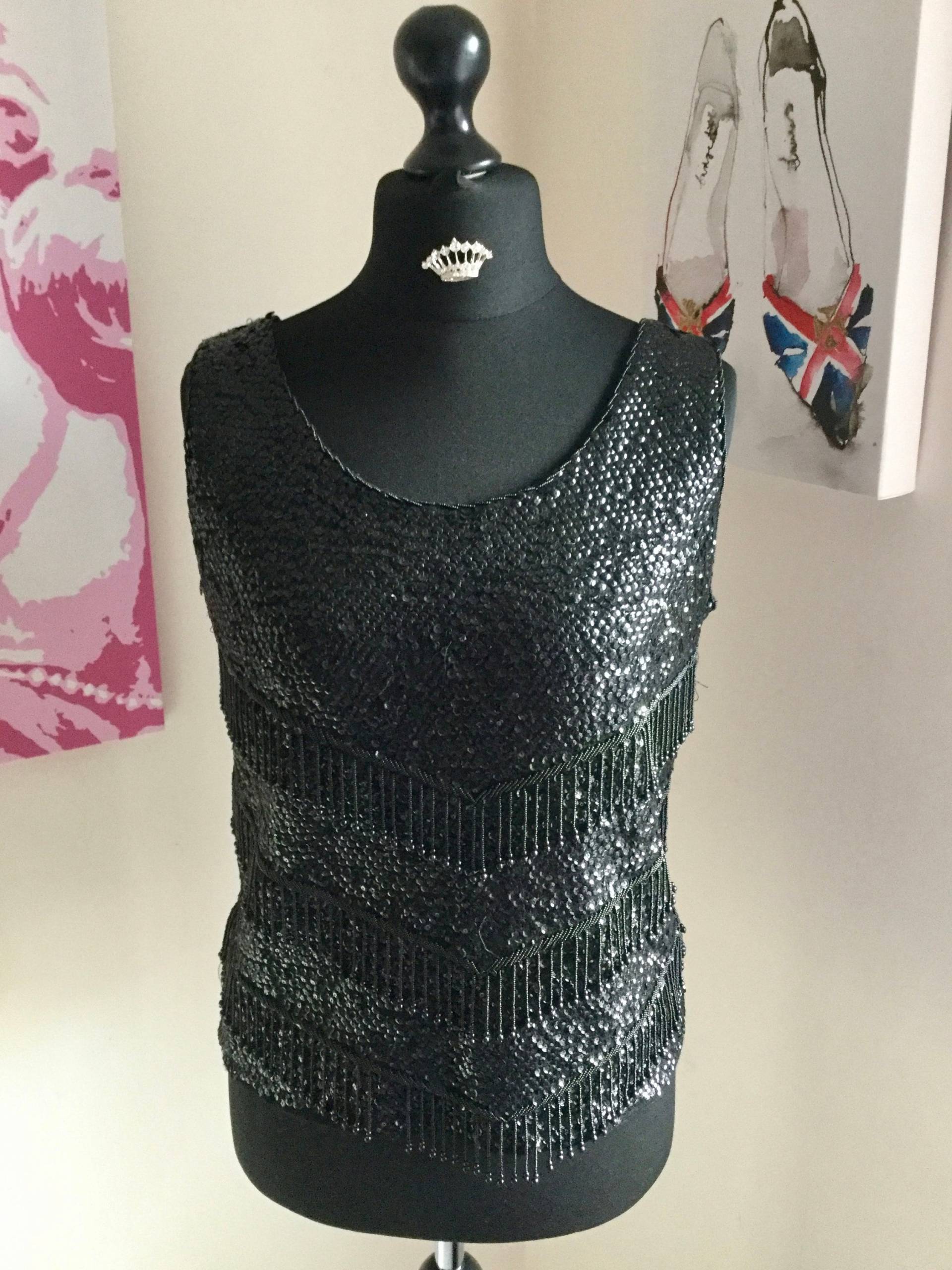 Vintage Black Sequin Beaded Tasselled Sleeveless Top Size Uk12/14 von QueeniesVintageStore
