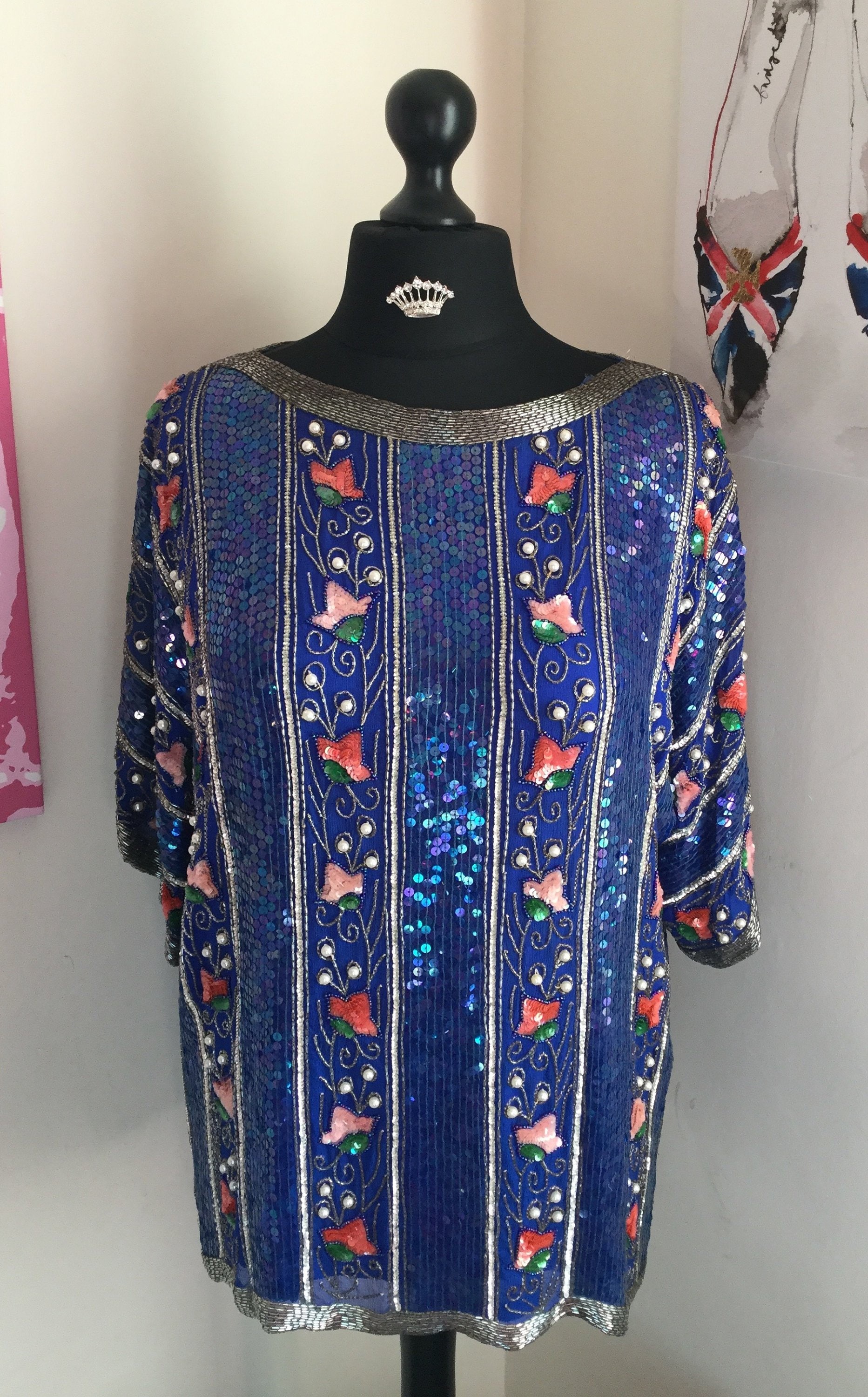 Vintage Blue Floral Beaded Sequinned Top By Megere Size Uk16 von QueeniesVintageStore