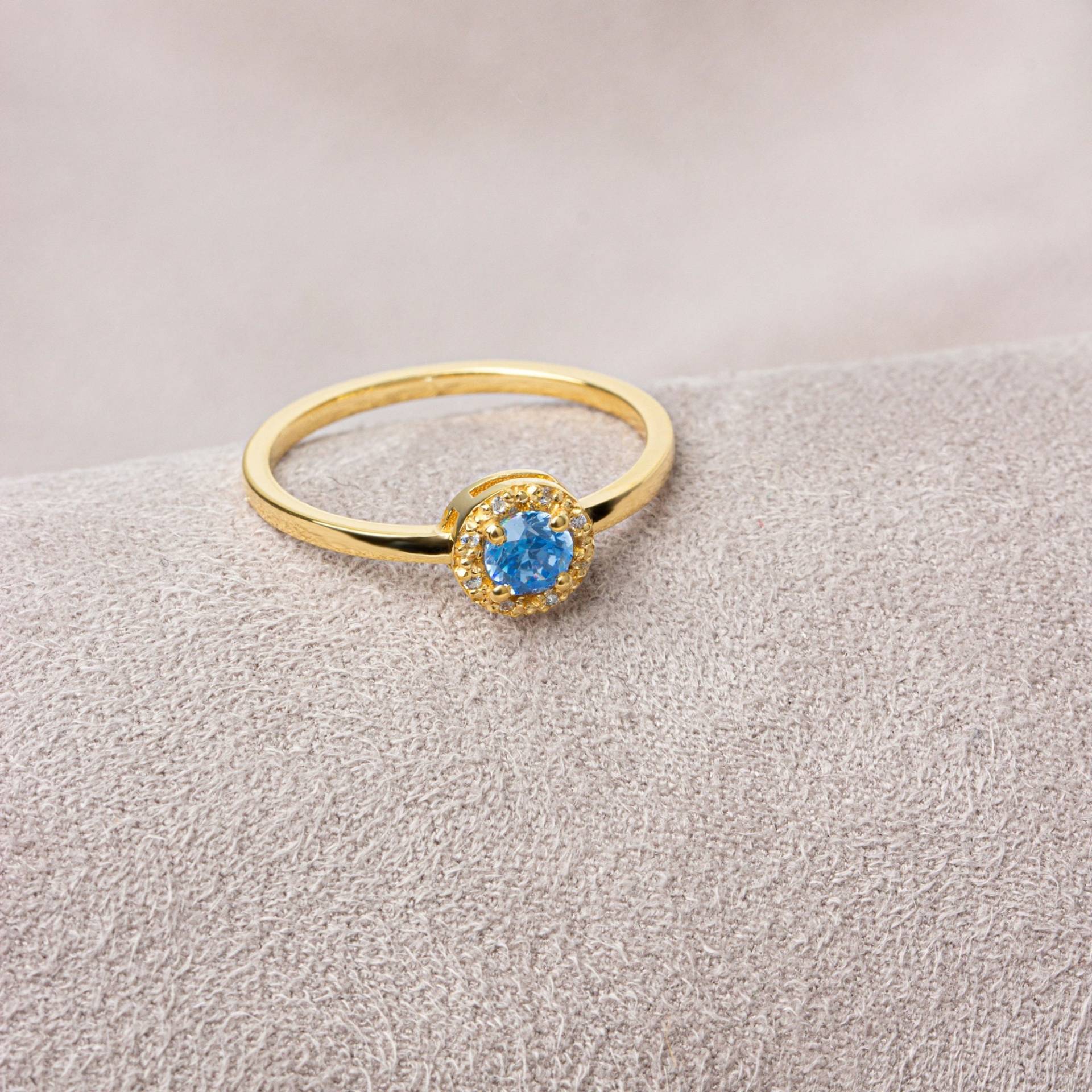 Blauer Topas Minimalist Runder Ring 14K Massivgold, Mit Echten Diamanten, Perfektes Geschenk Für Muttertag - Freundin Frau von QueenjewelryTurkey