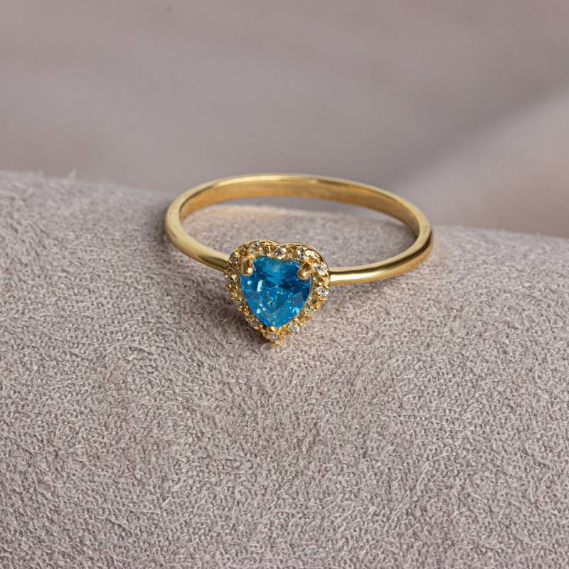 14K Solid Gold Herz Ring Blauer Topas & Echt Diamant Halo, Stilvoller Dezember Schmuck von QueenjewelryTurkey