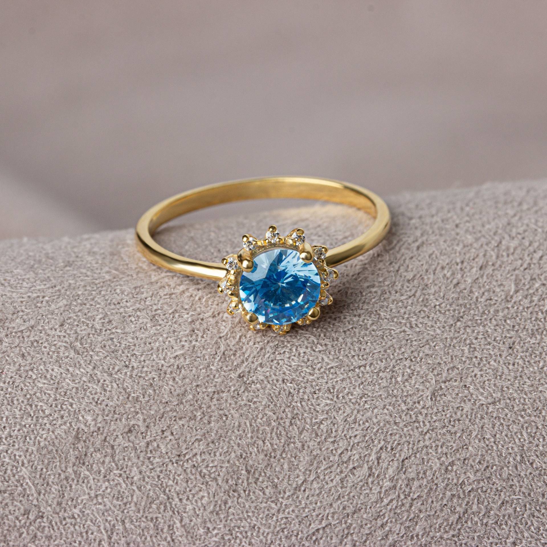 Echter Diamant Runder Aquamarinring 14K Massivgold, März Geburtsstein, Perfektes Geschenk Für Muttertag - Freundin Frau von QueenjewelryTurkey