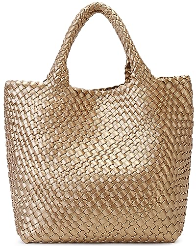 Gewebte Tasche für Damen, veganes Leder, Tragetasche, Sommer, Strand, Reisen, Handtasche und Geldbörse, Retro-Stil, handgefertigte Umhängetasche, groß, Goldfarben, Large von Queenoris