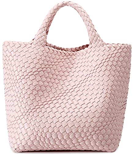 Queenoris Gewebte Tasche für Damen, veganes Leder, Tragetasche, Sommer, Strand, Reisen, Handtasche und Geldbörse, Retro-Stil, handgefertigte Umhängetasche, groß, Helles Pink, Large von Queenoris