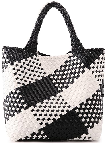 Gewebte Tasche für Damen, veganes Leder, Tragetasche, Sommer, Strand, Reisen, Handtasche und Geldbörse, Retro-Stil, handgefertigte Umhängetasche, groß, schwarz und weiß, Large von Queenoris