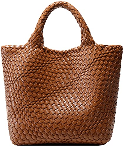 Gewebte Tasche für Frauen, Veganes Leder Tote Bag Große Sommer Strand Reise Handtasche und Geldbörse Retro Handgemachte Umhängetasche, Braun von Queenoris