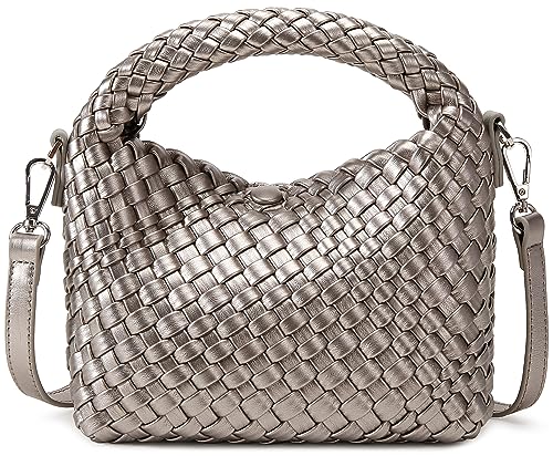Modische kleine gewebte Tasche für Damen, handgefertigte Mini-Hobo-Tragetasche, Umhängetasche, Handtasche, Reise, Sommer, Strandtasche, dunkles silber von Queenoris