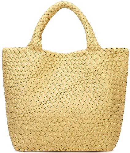 Queenoris Gewebte Tasche für Damen, veganes Leder, Tragetasche, groß, Sommer, Strand, Reisen, Handtasche und Geldbörse, Retro, handgefertigte Umhängetasche, gelb, Large von Queenoris