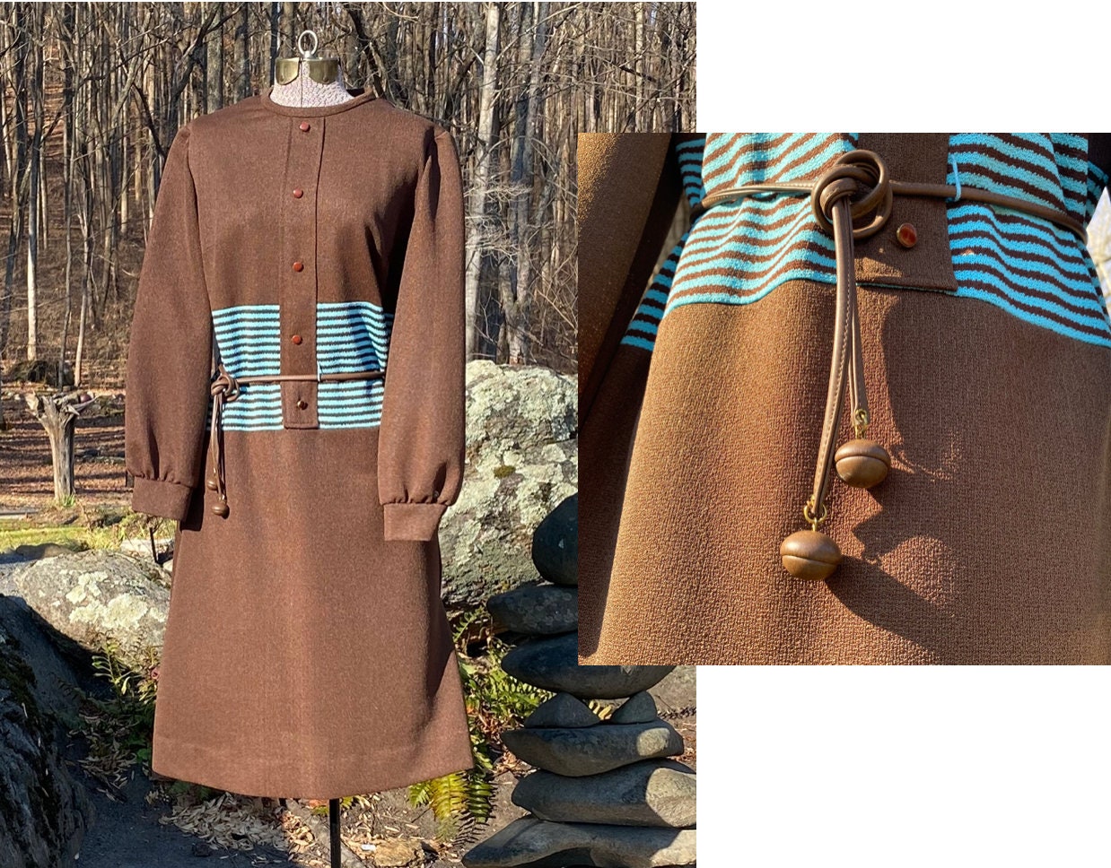 Vintage 1970Er Jahre Braun Und Petrol Blau Gestreiftes Strick Midi Kleid - Leder Gürtel Knopf Pullover Medium von QueenpinsCo