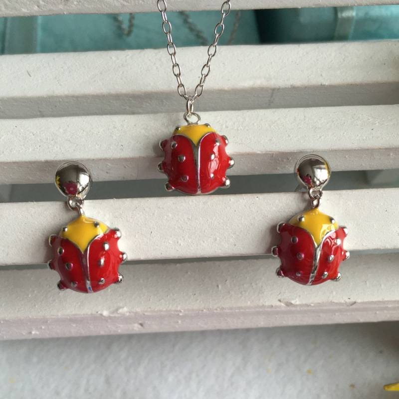 Marienkäfer-Silber Schmuck-Set 2-Rote Marienkäfer Schmuck-Emaille Ohrringe-Emaille Halskette-Schöne Urlaub Geschenk Schmuck von QueensJewelryOnline