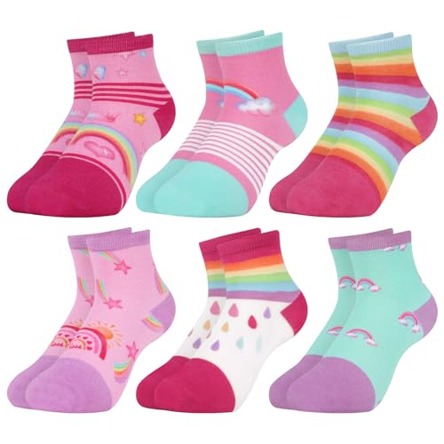 Queenshin Socken Mädchen Kinder Regenbögen Sterne Wolken Lustige Bunte Muster Neuheit Knöchelsocken 6 Paar Geschenke 1-3 Jahre Größe 22-26 Atmungsaktiv Weich von Queenshin
