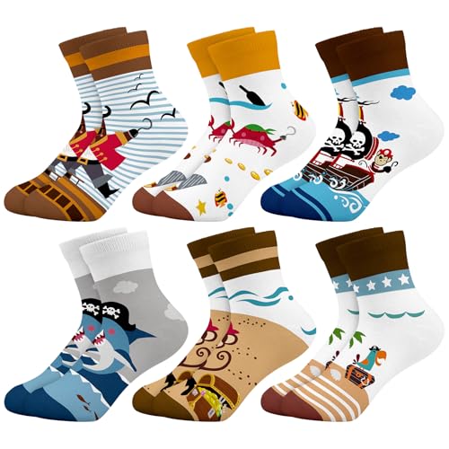 Queenshin Jungen Schulkind Sneaker Socken Kinder Lustige Cartoon Affen Giraffen Haie Crew-Socken Neuheit Witzige Coole mit Motiv 6 Paar 5-8 Jahre Größe 28-32 Atmungsaktiv Weich von Queenshin