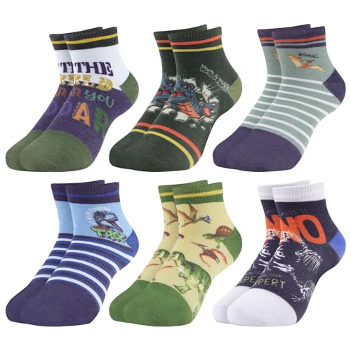 Queenshin Jungen Schulkind Socken Kinder Bunt Lustige Motiv Cartoon Dinosaurier Streifen Neuheit Verrückte Tier Coole Sachen Knöchelsocken 6 Paar 5-7 Jahre Größe 27-29 Atmungsaktiv Weich von Queenshin