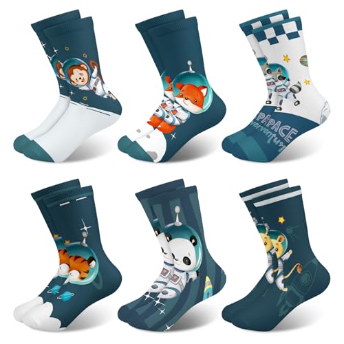 Queenshin Jungen Schulkind Socken Kinder Lustige Motiv Tier Weltraum Blaue Astronauten Crew-Socken Neuheit Witzige Cartoon 6 Paar 8-11 Jahre Größe 32-36 Atmungsaktiv Weich von Queenshin