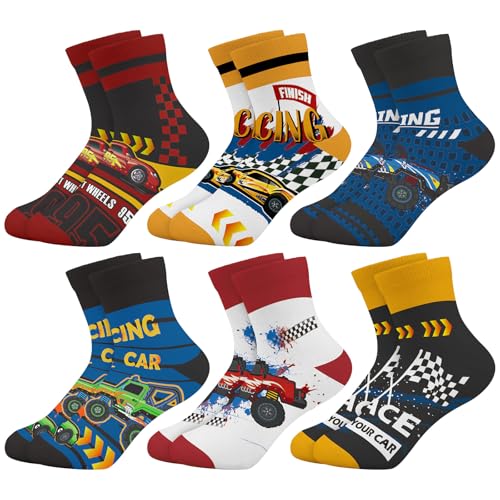 Queenshin Jungen Socken Kinder Lustige Cartoon Rennwagen Neuheit Verrückte Coole mit Motiv Knöchelsocken 6 Paar 2-5 Jahre Größe 22-28 Atmungsaktiv Weich von Queenshin