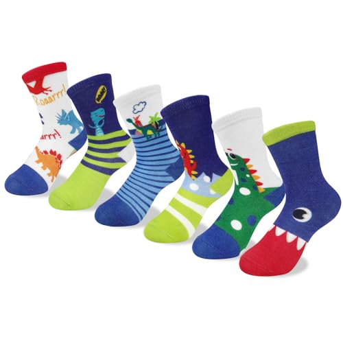 Queenshin Jungen Socken Kinder Bunt Lustige Motiv Cartoon Dinosaurier Streifen Neuheit Verrückte Tier Coole Sachen Knöchelsocken 6 Paar Geschenk 1-3 Jahre Größe 22-25 Atmungsaktiv Weich von Queenshin
